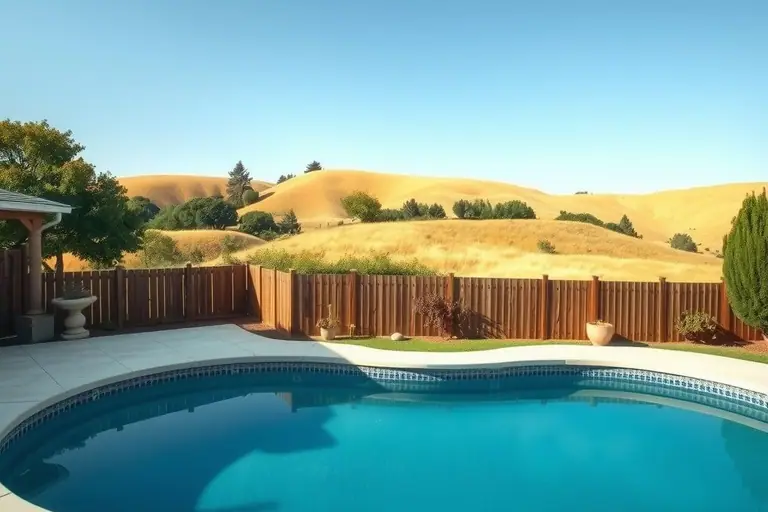 Kidney-shaped plaster pool with a blue waterline tile band in a fenced East Bay backyard, golden grassy hills behind